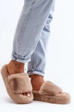 New Boto Futrzane Kapcie Damskie Beżowe Biella Beżowy