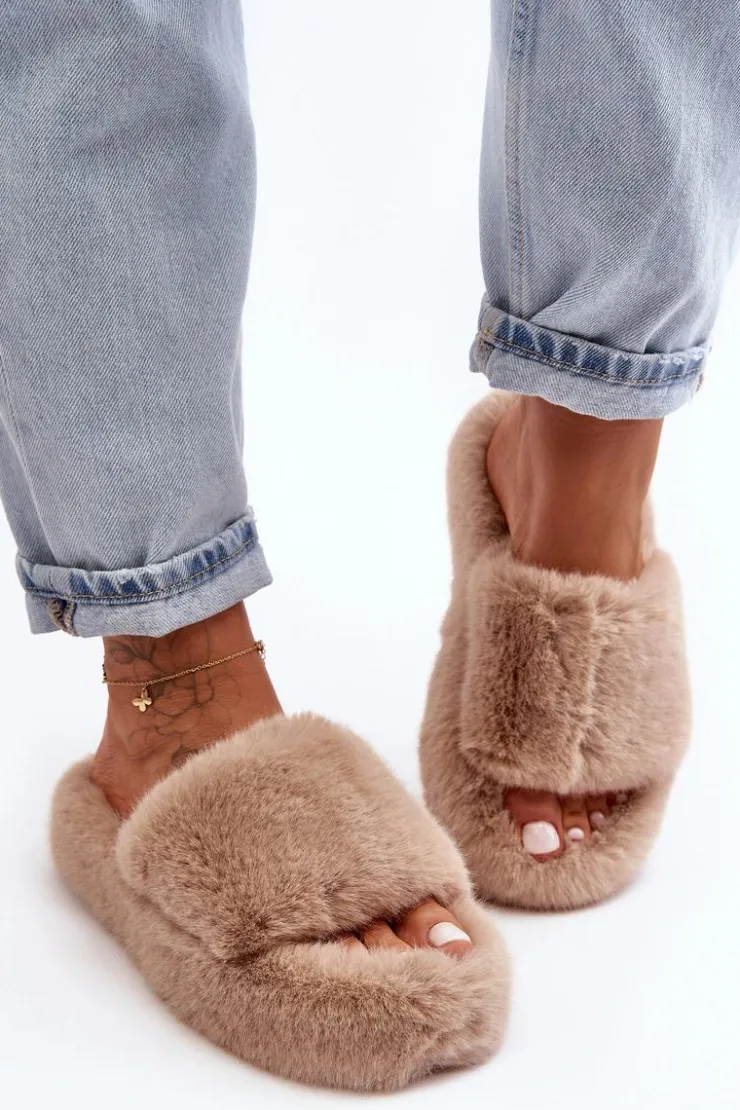 New Boto Futrzane Kapcie Damskie Beżowe Biella Beżowy