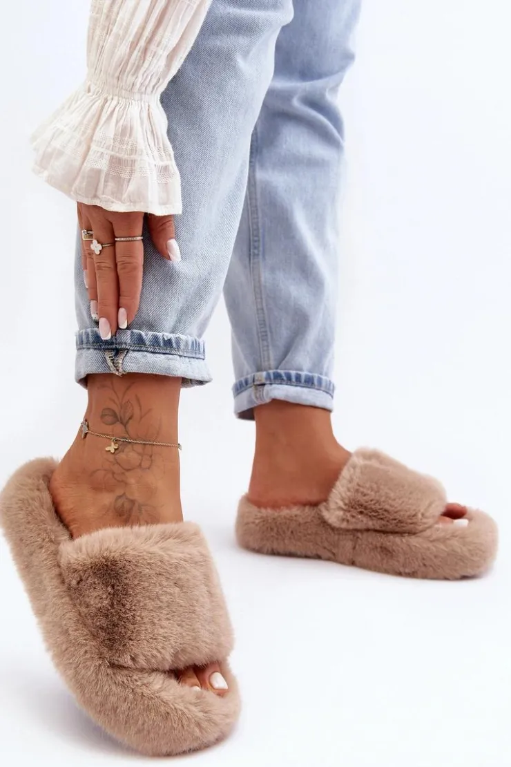 New Boto Futrzane Kapcie Damskie Beżowe Biella Beżowy