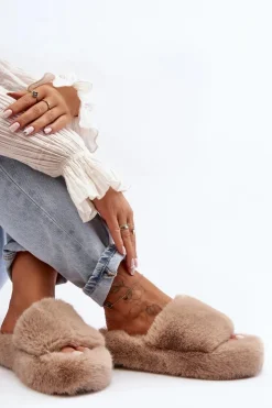 New Boto Futrzane Kapcie Damskie Beżowe Biella Beżowy