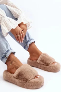 New Boto Futrzane Kapcie Damskie Beżowe Biella Beżowy