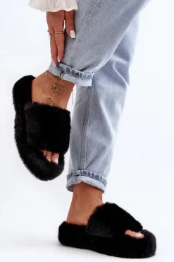 Damskie Boto Futrzane Kapcie Damskie Czarne Biella