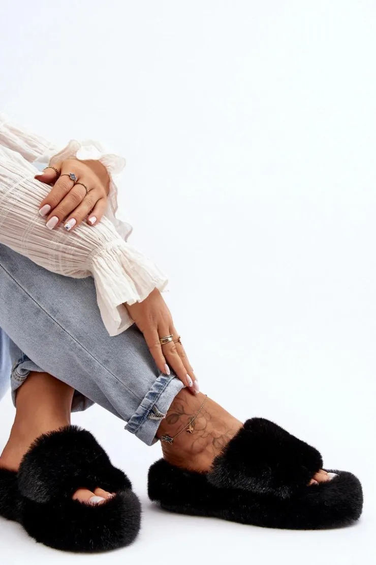 Damskie Boto Futrzane Kapcie Damskie Czarne Biella