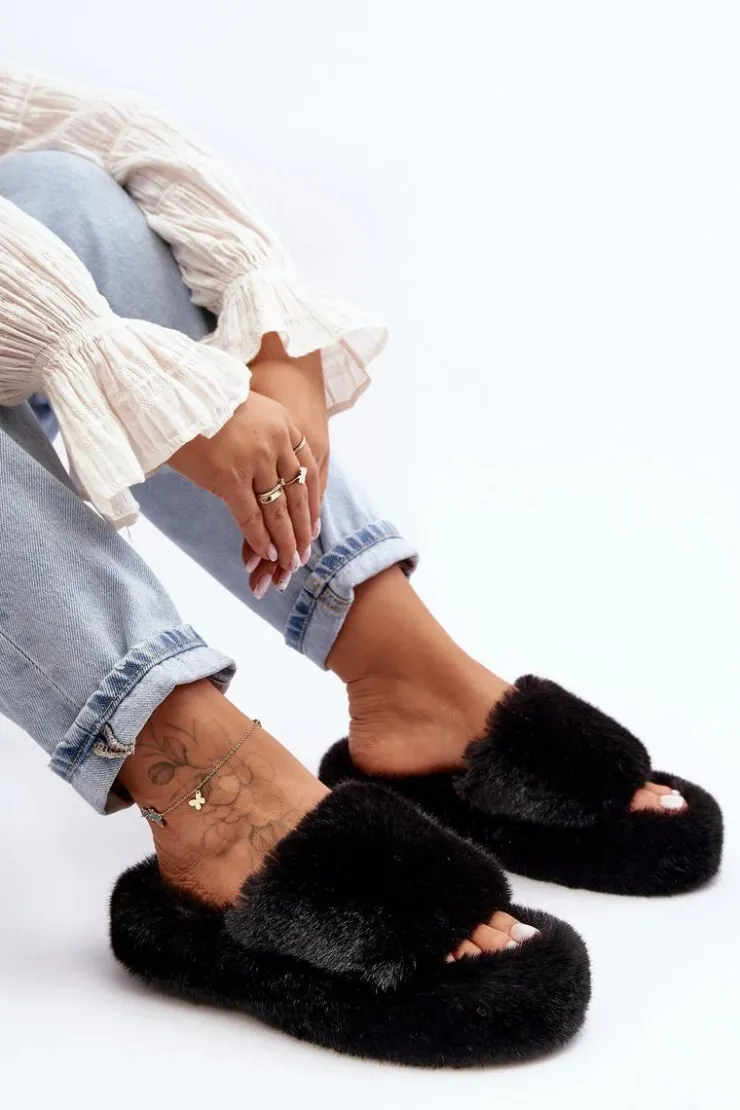 Damskie Boto Futrzane Kapcie Damskie Czarne Biella