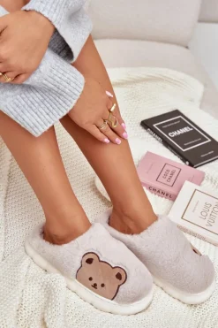 Boto Kapcie Klasyczne*Futrzane Kapcie Damskie Misie Beżowe Firedi Beżowy