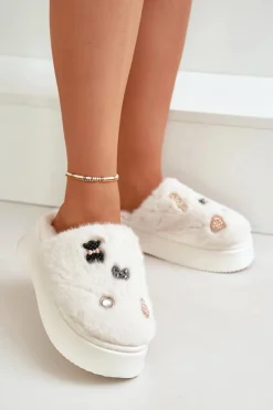 Boto Kapcie Klasyczne*Futrzane Kapcie Damskie Na Grubej Podeszwie Z Przypinkami Jasnobeżowe Zintoria