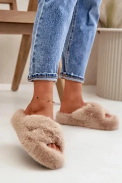 Sale Boto Futrzane Kapcie Damskie Na Grubej Podeszwie Beżowe Lavitera Beżowy