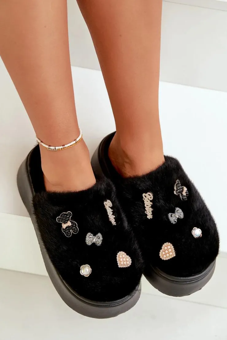 Boto Kapcie Klasyczne*Futrzane Kapcie Damskie Na Grubej Podeszwie Z Przypinkami Czarne Zintoria Czarny