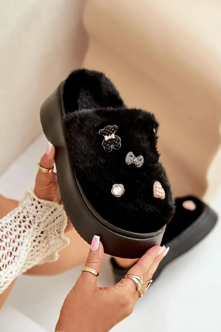 Boto Kapcie Klasyczne*Futrzane Kapcie Damskie Na Grubej Podeszwie Z Przypinkami Czarne Zintoria Czarny
