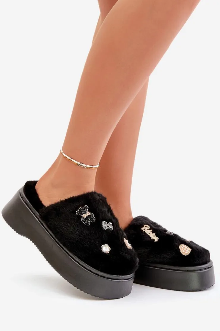 Boto Kapcie Klasyczne*Futrzane Kapcie Damskie Na Grubej Podeszwie Z Przypinkami Czarne Zintoria Czarny