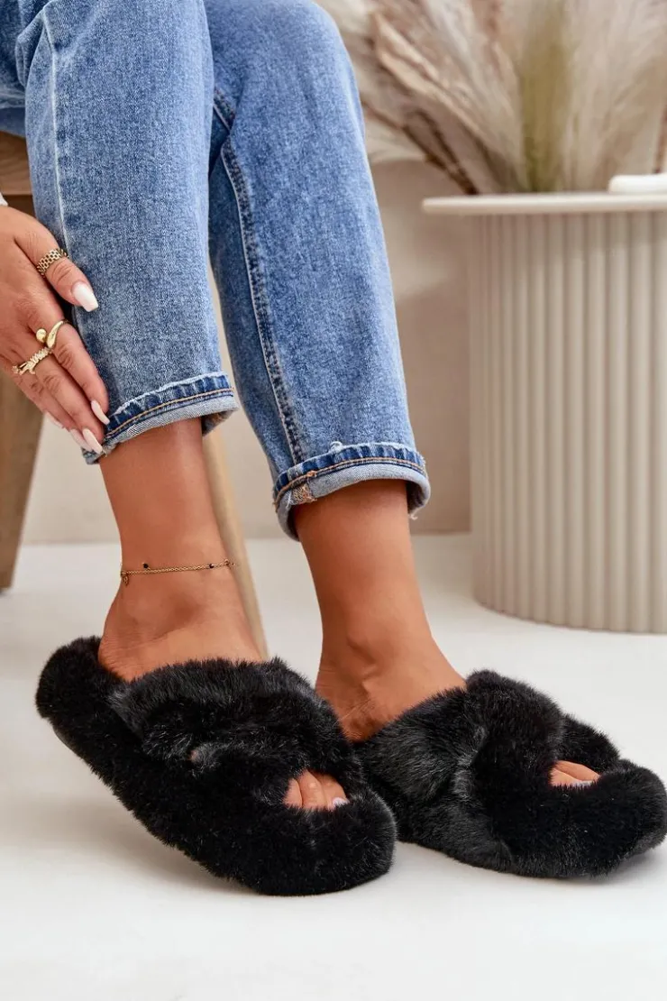 Damskie Boto Futrzane Kapcie Damskie Na Grubej Podeszwie Czarne Lavitera