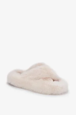 Boto Kapcie Klasyczne|Klapki Z Futerkiem*Futrzane Kapcie Damskie Na Grubej Podeszwie Jasnobeżowe Lavitera