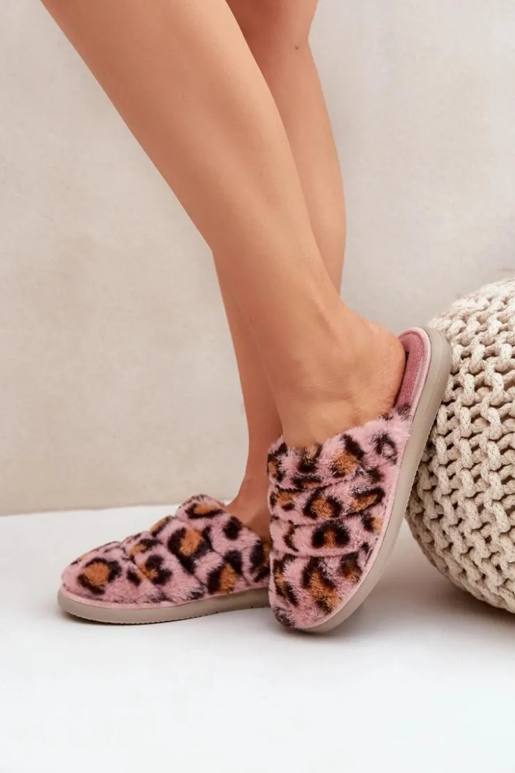 Sale INBLU Futrzane Kapcie Damskie Panterka EK000008 Różowe Różowy