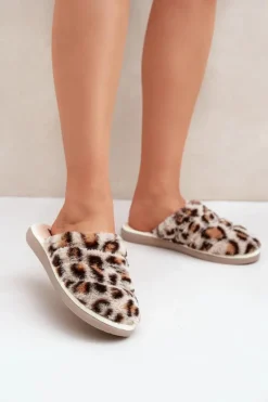 Damskie INBLU Futrzane Kapcie Damskie Panterka EK000008 Beżowe