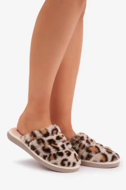 Damskie INBLU Futrzane Kapcie Damskie Panterka EK000008 Beżowe