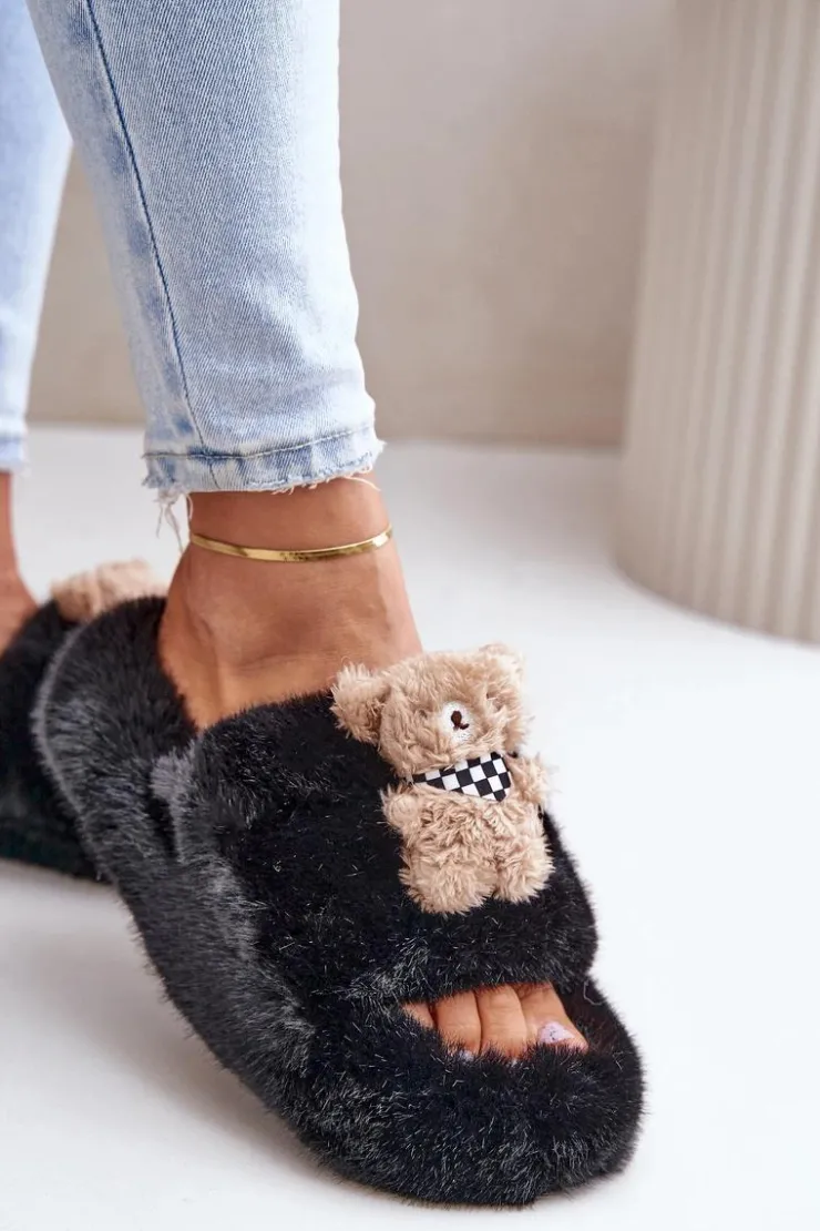 Boto Kapcie Klasyczne|Klapki Z Futerkiem*Futrzane Kapcie Damskie Z Misiem Czarne Romania