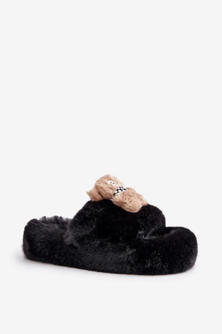 Boto Kapcie Klasyczne|Klapki Z Futerkiem*Futrzane Kapcie Damskie Z Misiem Czarne Romania