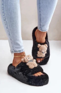 Boto Kapcie Klasyczne|Klapki Z Futerkiem*Futrzane Kapcie Damskie Z Misiem Czarne Romania
