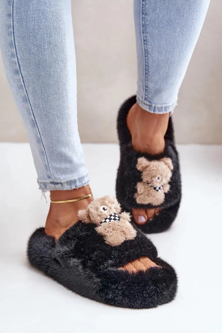 Boto Kapcie Klasyczne|Klapki Z Futerkiem*Futrzane Kapcie Damskie Z Misiem Czarne Romania