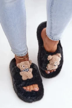 Boto Kapcie Klasyczne|Klapki Z Futerkiem*Futrzane Kapcie Damskie Z Misiem Czarne Romania