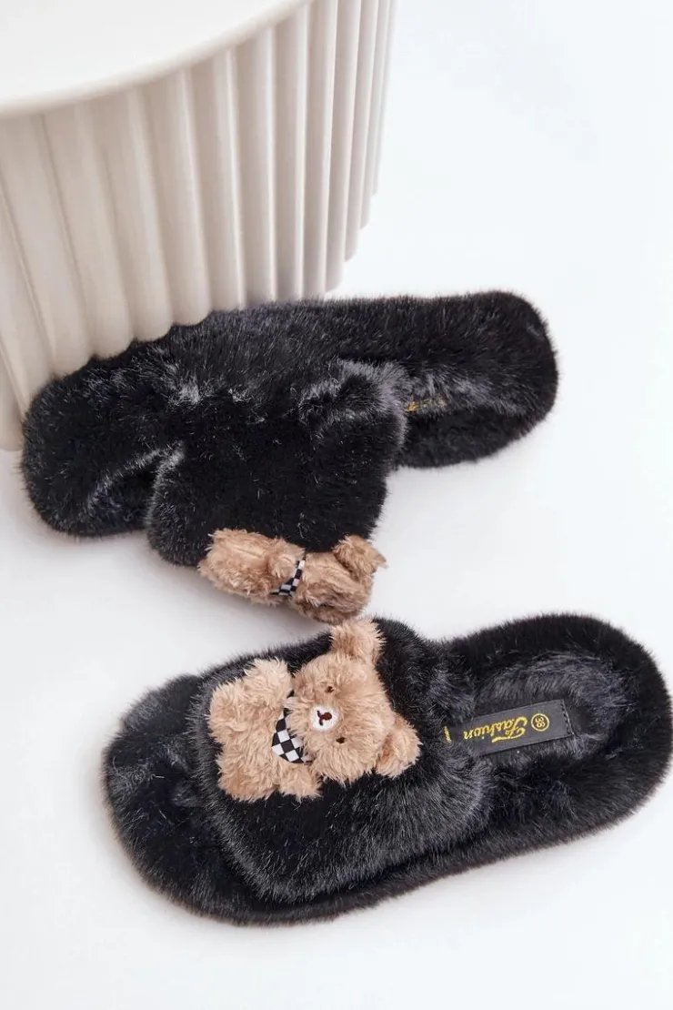 Boto Kapcie Klasyczne|Klapki Z Futerkiem*Futrzane Kapcie Damskie Z Misiem Czarne Romania