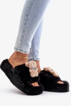 Boto Kapcie Klasyczne|Klapki Z Futerkiem*Futrzane Kapcie Damskie Z Misiem Czarne Romania