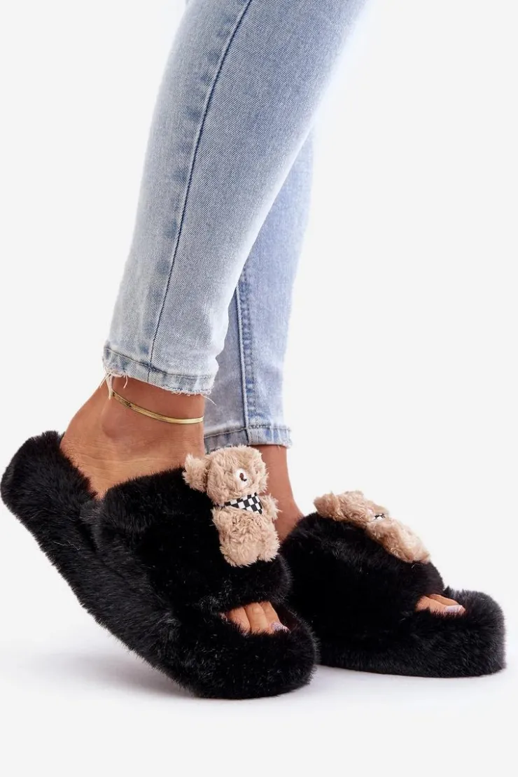 Boto Kapcie Klasyczne|Klapki Z Futerkiem*Futrzane Kapcie Damskie Z Misiem Czarne Romania