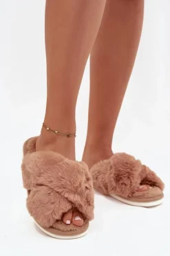 Evento Kapcie Klasyczne*Futrzane Kapcie Damskie Z Przeplatającymi Się Paskami Camel Quenelle