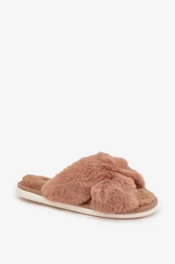 Evento Kapcie Klasyczne*Futrzane Kapcie Damskie Z Przeplatającymi Się Paskami Camel Quenelle