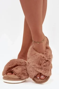 Evento Kapcie Klasyczne*Futrzane Kapcie Damskie Z Przeplatającymi Się Paskami Camel Quenelle