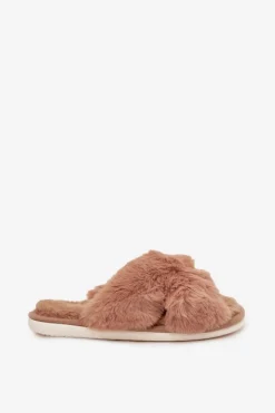 Evento Kapcie Klasyczne*Futrzane Kapcie Damskie Z Przeplatającymi Się Paskami Camel Quenelle