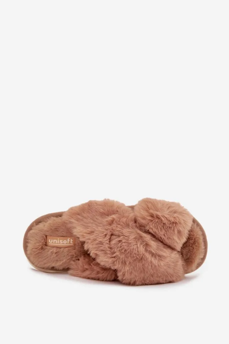 Evento Kapcie Klasyczne*Futrzane Kapcie Damskie Z Przeplatającymi Się Paskami Camel Quenelle