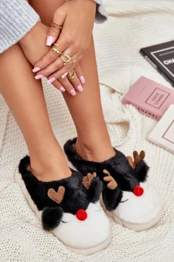 Clearance Boto Futrzane Kapcie Damskie Z Motywem Renifera Czarne Wistira Czarny