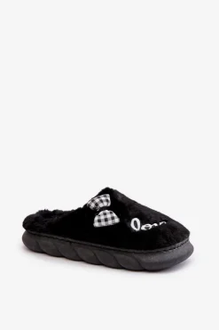 Boto Kapcie Klasyczne*Futrzane Kapcie Damskie Z Naszywkami I Kokardką Czarne Linnorelia Czarny
