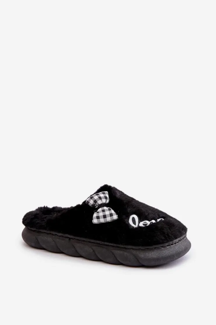 Boto Kapcie Klasyczne*Futrzane Kapcie Damskie Z Naszywkami I Kokardką Czarne Linnorelia Czarny