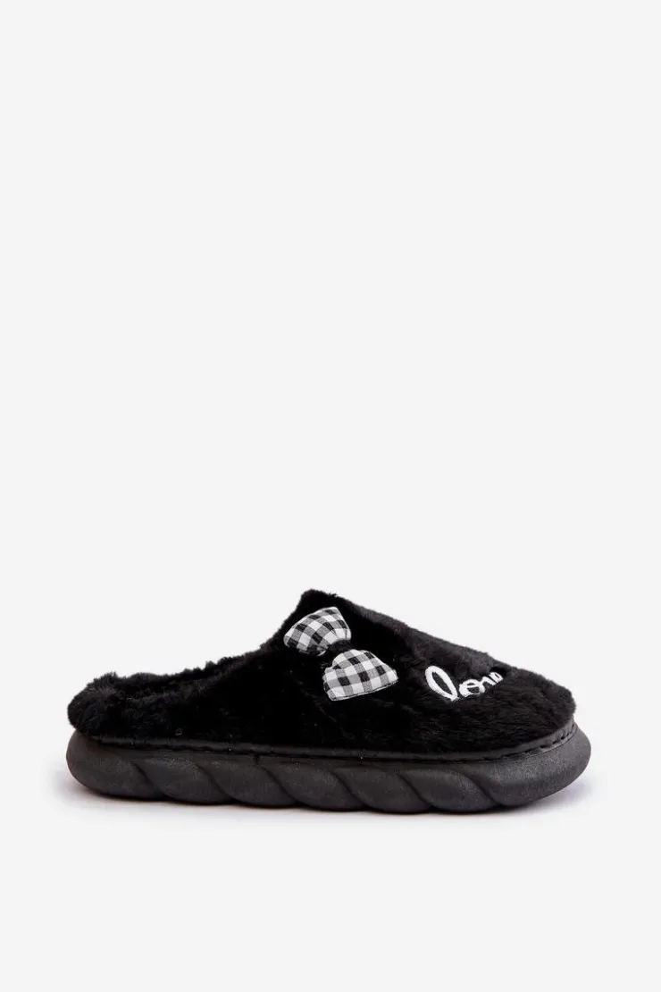 Boto Kapcie Klasyczne*Futrzane Kapcie Damskie Z Naszywkami I Kokardką Czarne Linnorelia Czarny