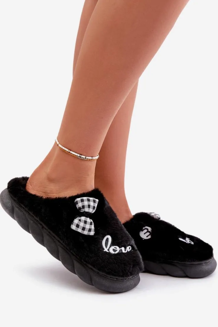 Boto Kapcie Klasyczne*Futrzane Kapcie Damskie Z Naszywkami I Kokardką Czarne Linnorelia Czarny