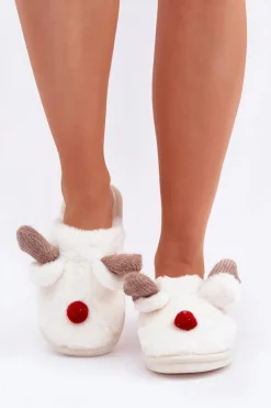 Damskie Boto Futrzane Kapcie Damskie Z Motywem Renifera Białe Sennalith