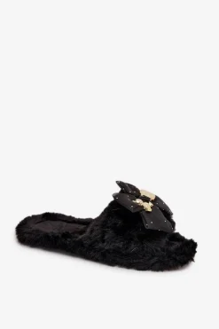 Damskie Boto Futrzane Kapcie Damskie Z Kokardą I Złotą Ozdobą Czarne Nolara