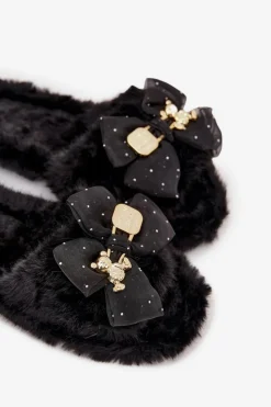 Damskie Boto Futrzane Kapcie Damskie Z Kokardą I Złotą Ozdobą Czarne Nolara