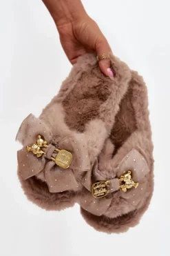 Damskie Boto Futrzane Kapcie Damskie Z Kokardą I Złotą Ozdobą Ciemnobeżowe Nolara