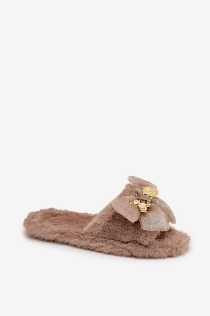 Damskie Boto Futrzane Kapcie Damskie Z Kokardą I Złotą Ozdobą Ciemnobeżowe Nolara