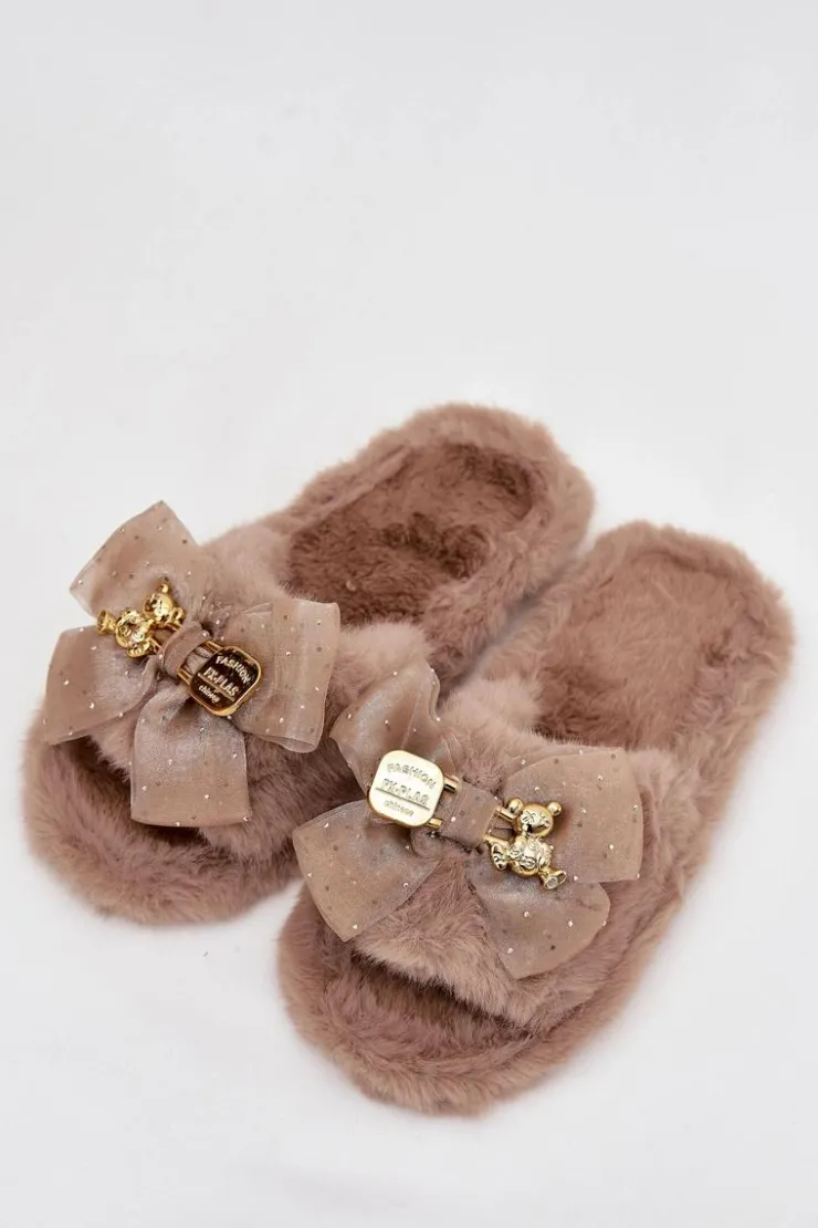 Damskie Boto Futrzane Kapcie Damskie Z Kokardą I Złotą Ozdobą Ciemnobeżowe Nolara