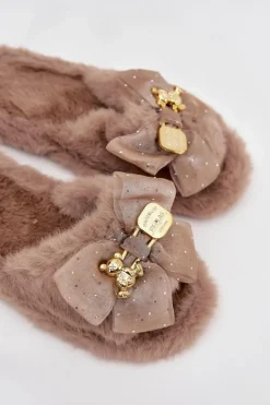 Damskie Boto Futrzane Kapcie Damskie Z Kokardą I Złotą Ozdobą Ciemnobeżowe Nolara