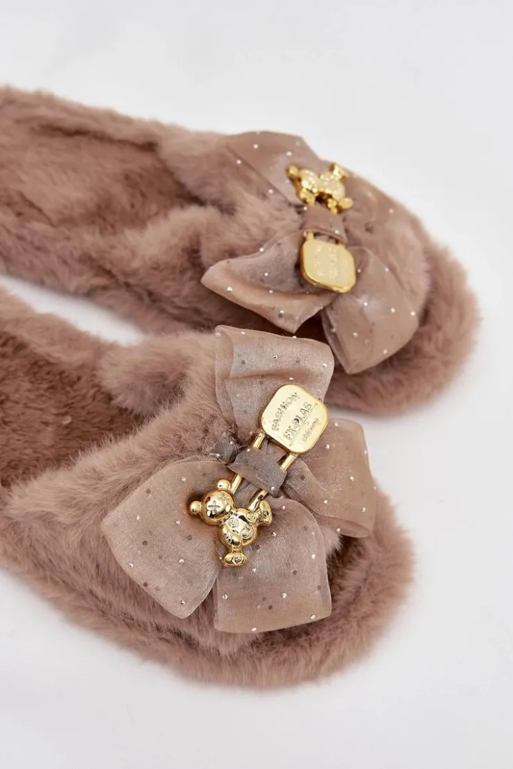 Damskie Boto Futrzane Kapcie Damskie Z Kokardą I Złotą Ozdobą Ciemnobeżowe Nolara