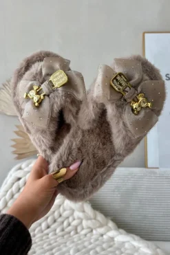 Damskie Boto Futrzane Kapcie Damskie Z Kokardą I Złotą Ozdobą Ciemnobeżowe Nolara