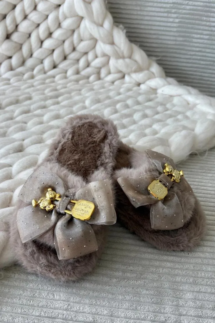 Damskie Boto Futrzane Kapcie Damskie Z Kokardą I Złotą Ozdobą Ciemnobeżowe Nolara