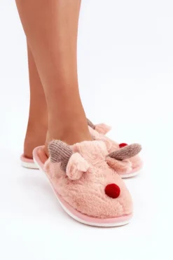 Boto Kapcie Klasyczne*Futrzane Kapcie Damskie Z Motywem Renifera Różowe Sennalith Różowy