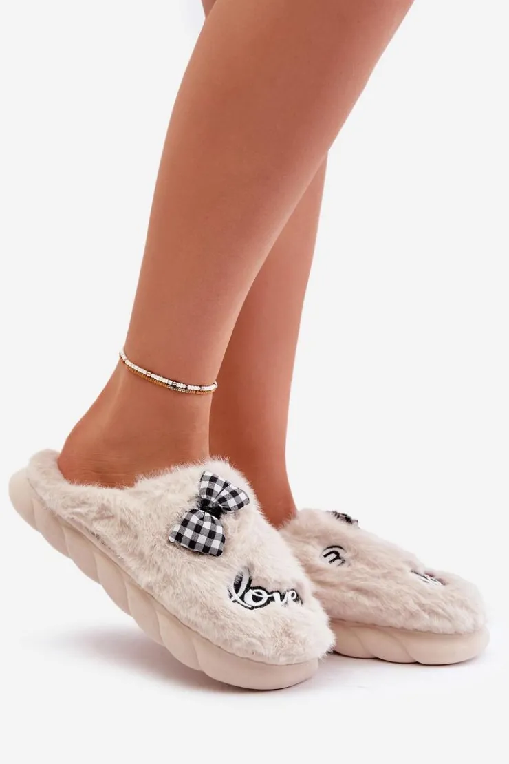 Boto Kapcie Klasyczne*Futrzane Kapcie Damskie Z Naszywkami I Kokardką Jasnobeżowe Linnorelia Beżowy