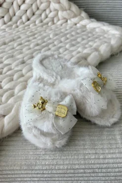 Boto Kapcie Klasyczne*Futrzane Kapcie Damskie Z Kokardą I Złotą Ozdobą Jasnobeżowe Nolara Beżowy